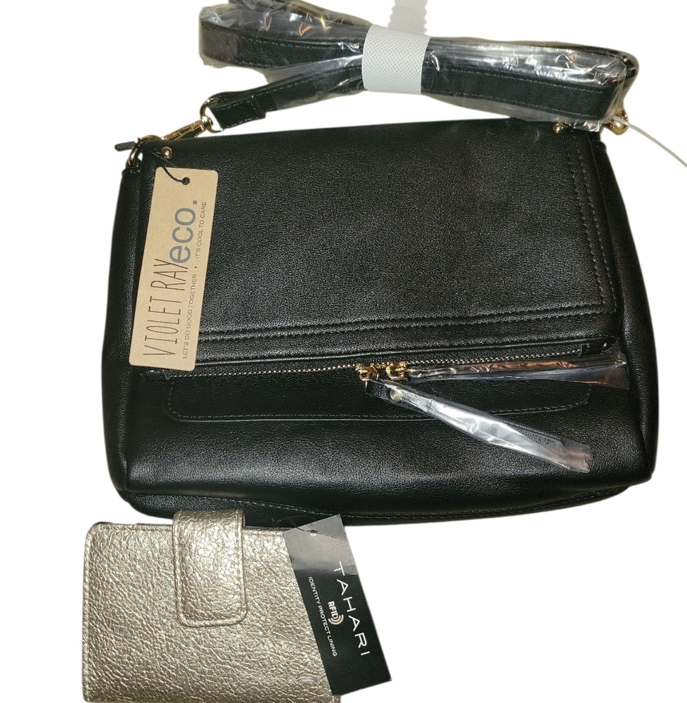Violet Ray Black Crossbody Bag withTahari Gold RFID Wallet